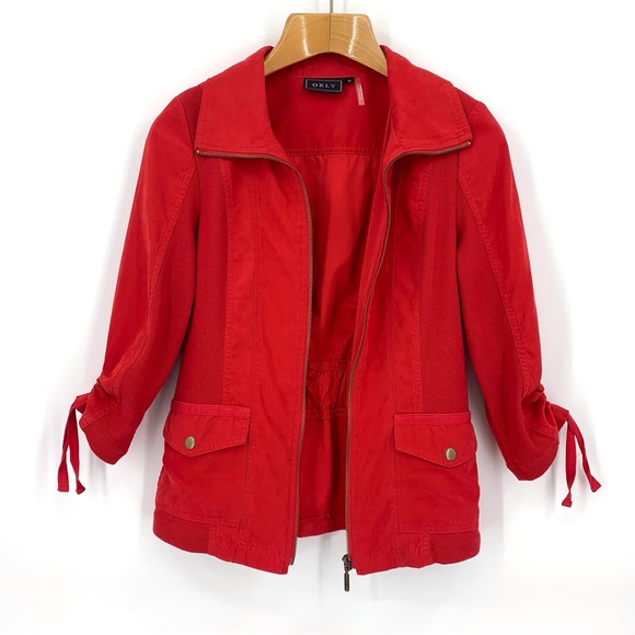 Orly Red Nylon with Ribbed Sides 3/4 Ruched Sleeves Zipper Front Jacket, 10 - Picture 12 of 16